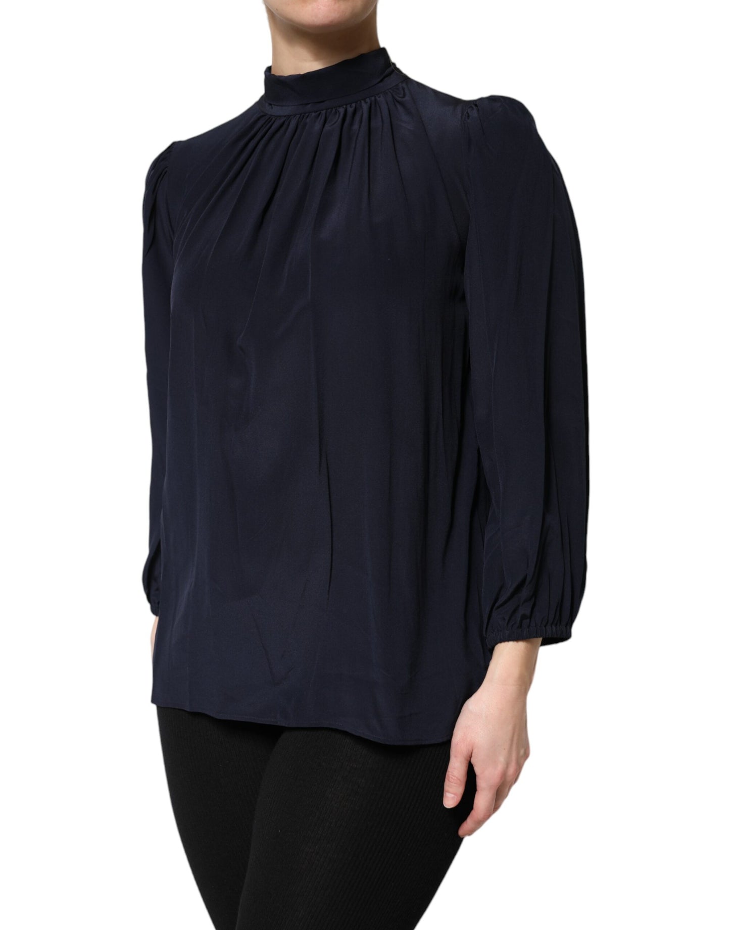 Dolce &amp; Gabbana Blue Silk Mock Neck Long Sleeves Blouse Top