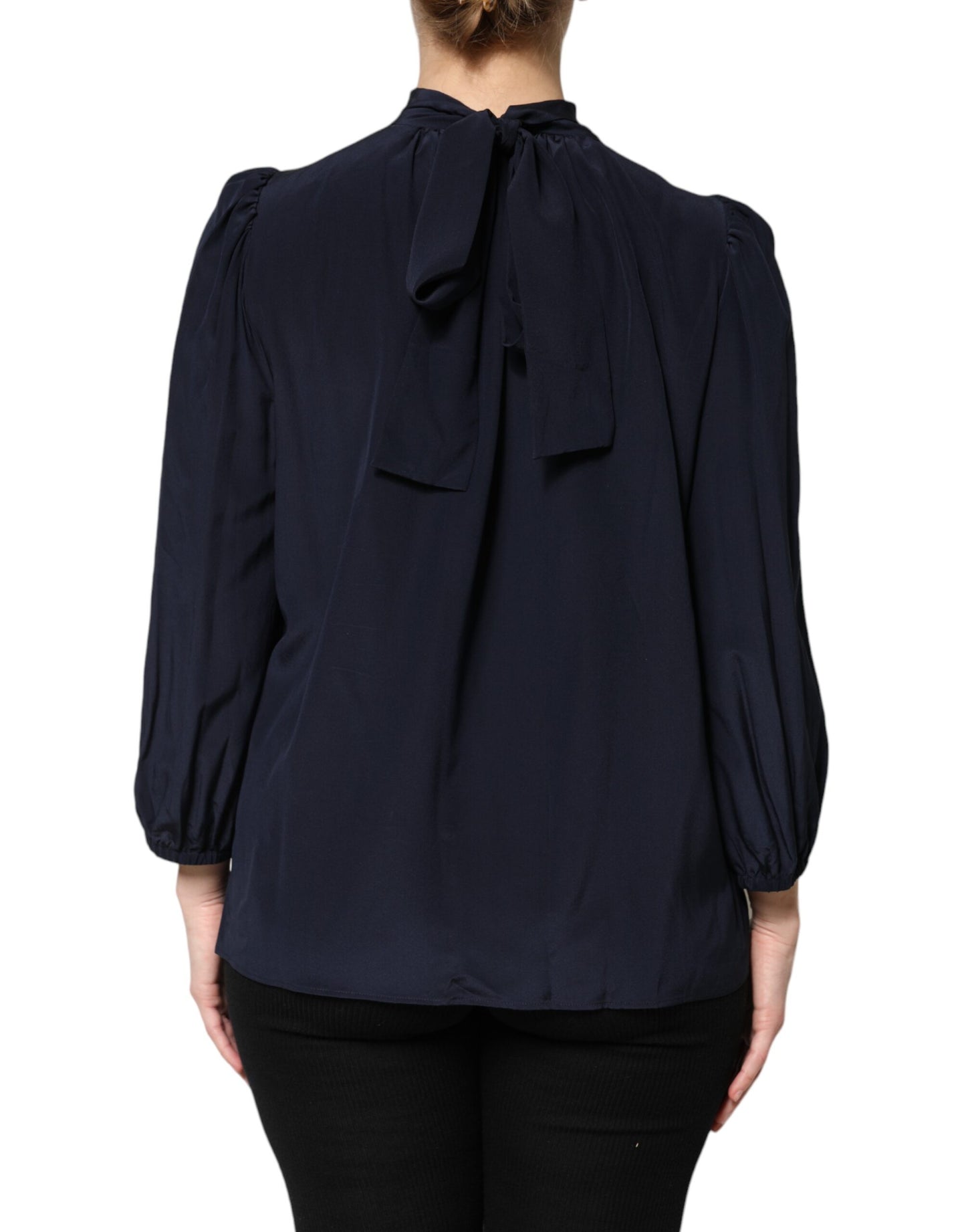 Dolce &amp; Gabbana Blue Silk Mock Neck Long Sleeves Blouse Top