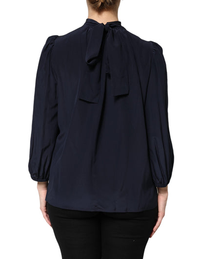 Dolce &amp; Gabbana Blue Silk Mock Neck Long Sleeves Blouse Top