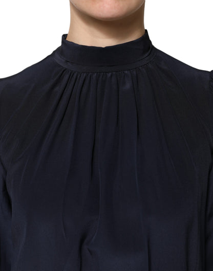 Dolce &amp; Gabbana Blue Silk Mock Neck Long Sleeves Blouse Top