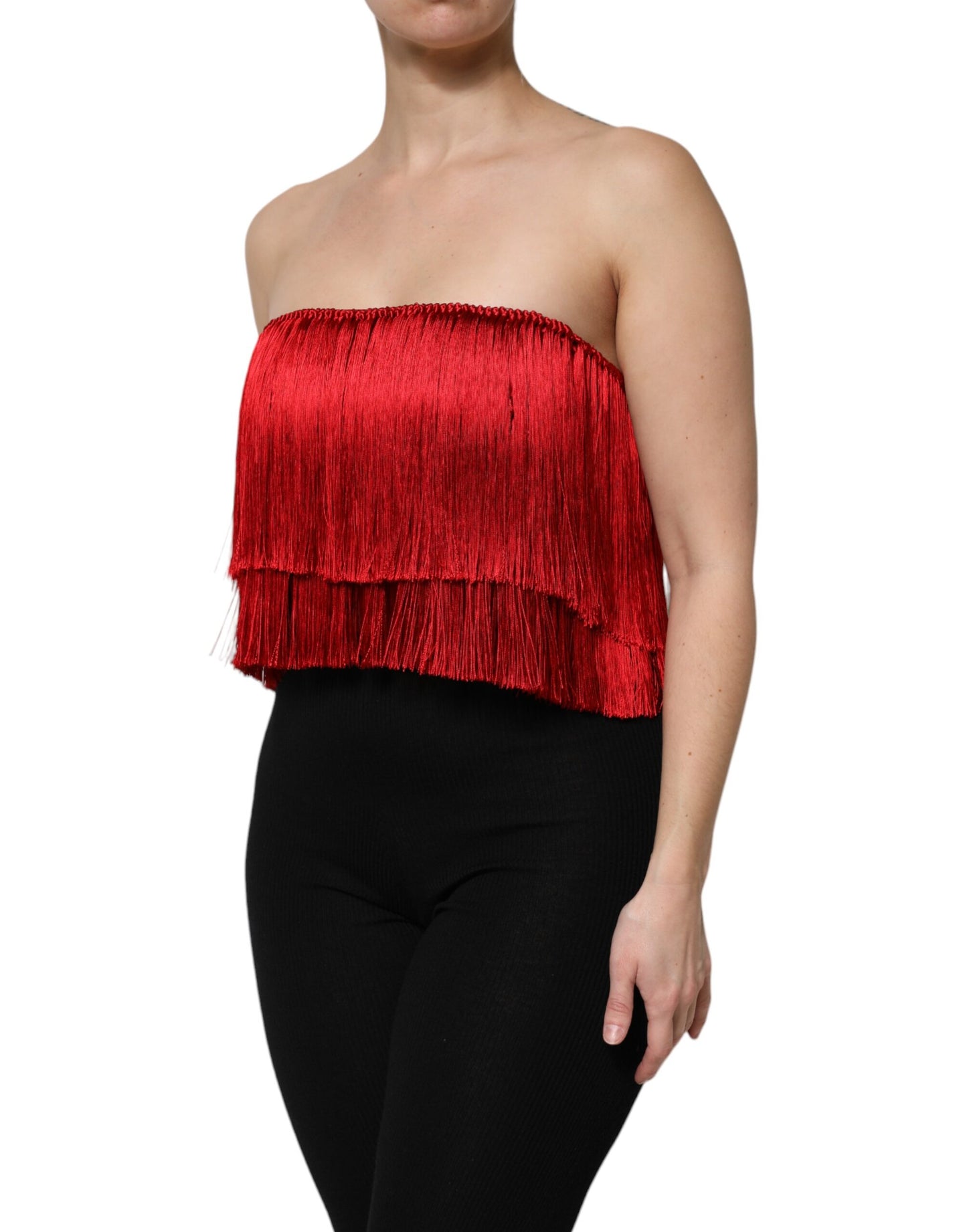 Dolce &amp; Gabbana Red Silk Strapless Fringe Crop Tube Top