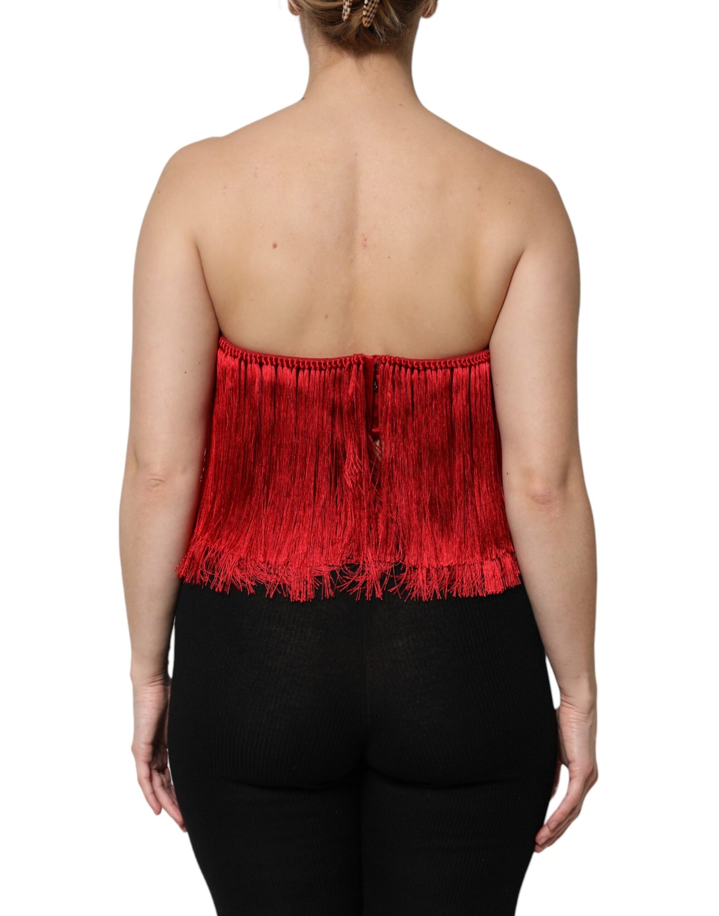 Dolce &amp; Gabbana Red Silk Strapless Fringe Crop Tube Top