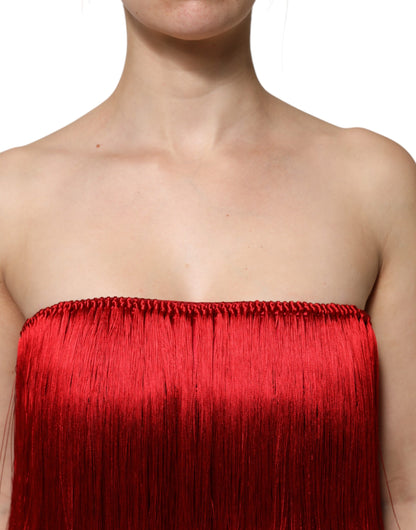 Dolce &amp; Gabbana Red Silk Strapless Fringe Crop Tube Top