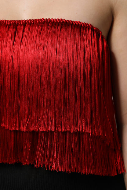 Dolce &amp; Gabbana Red Silk Strapless Fringe Crop Tube Top