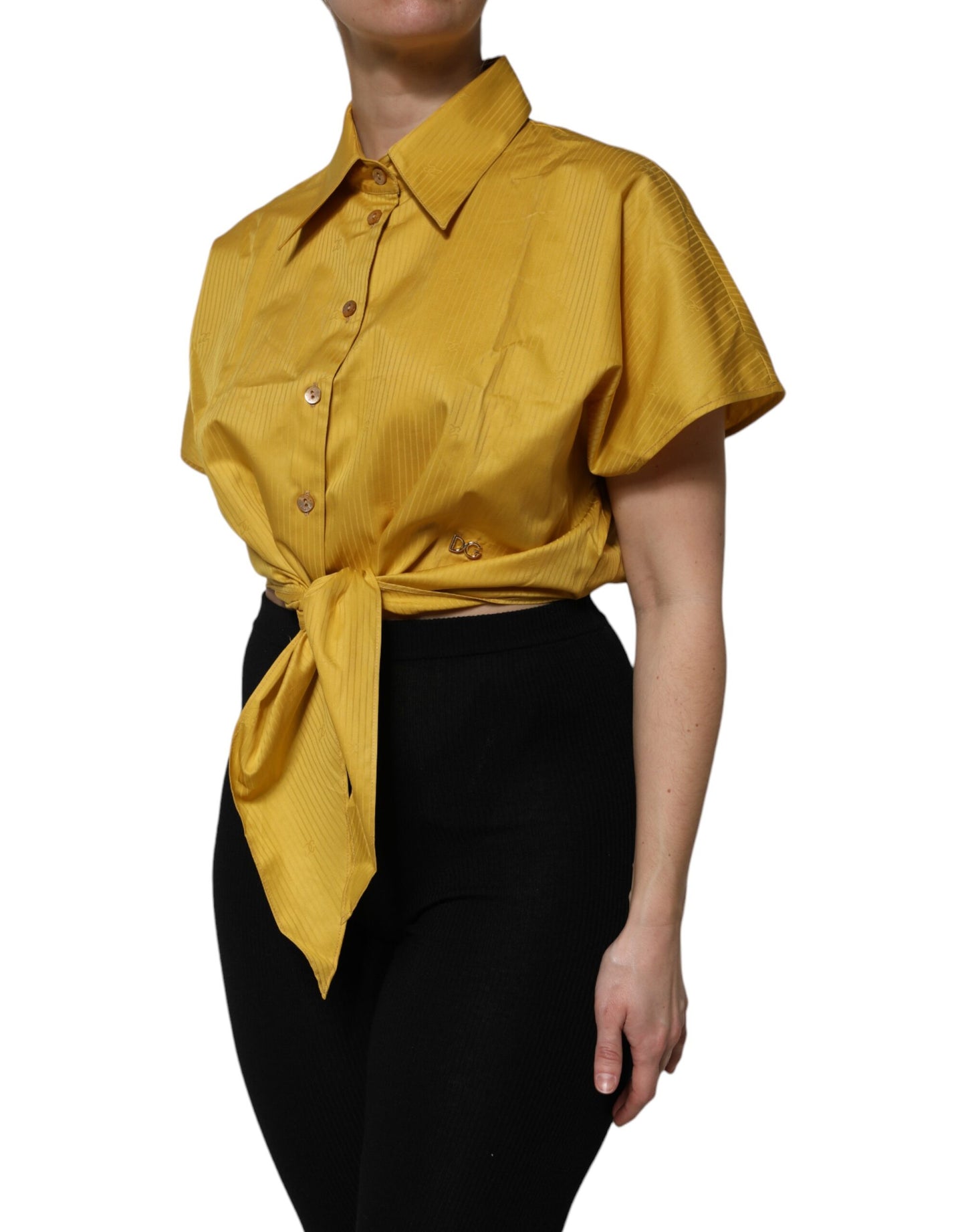 Dolce &amp; Gabbana Mustard Collared Short Sleeves Blouse Top