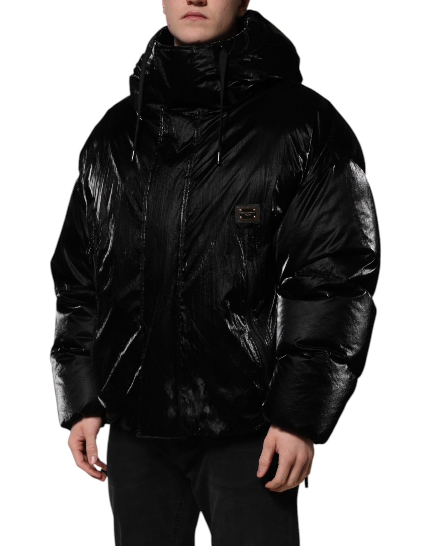 Chaqueta acolchada con capucha y cremallera completa con logotipo negro de Dolce &amp; Gabbana