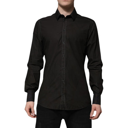 Camisa de vestir Dolce &amp; Gabbana de algodón negro con cuello dorado y jacquard