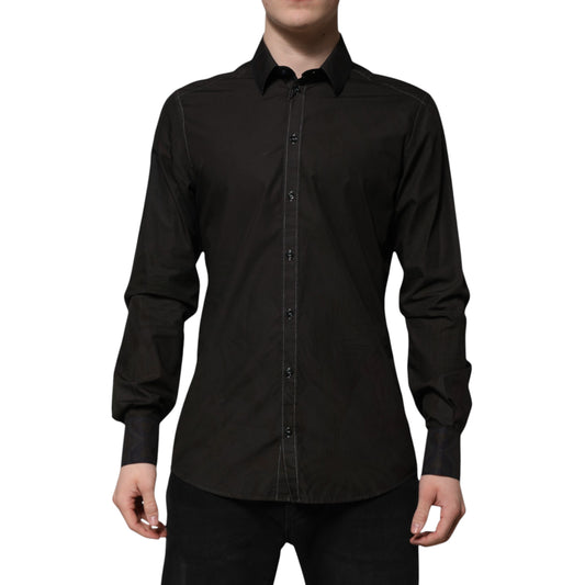 Camisa de vestir Dolce &amp; Gabbana de algodón negro con cuello dorado y jacquard