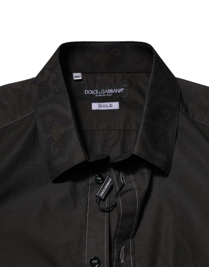 Camisa de vestir Dolce &amp; Gabbana de algodón negro con cuello dorado y jacquard