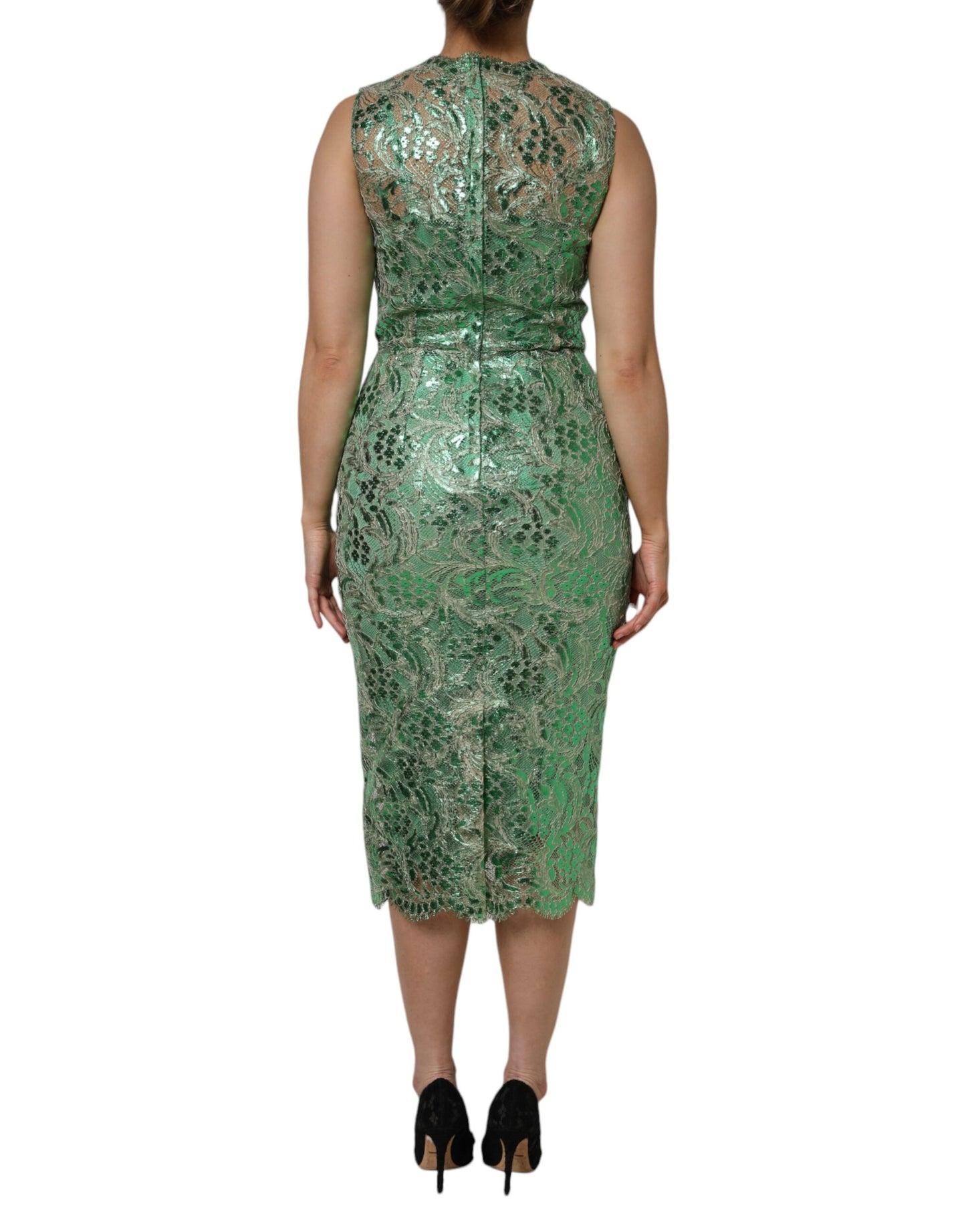 Dolce &amp; Gabbana Green Cotton Floral Lace Sheath Midi Dress