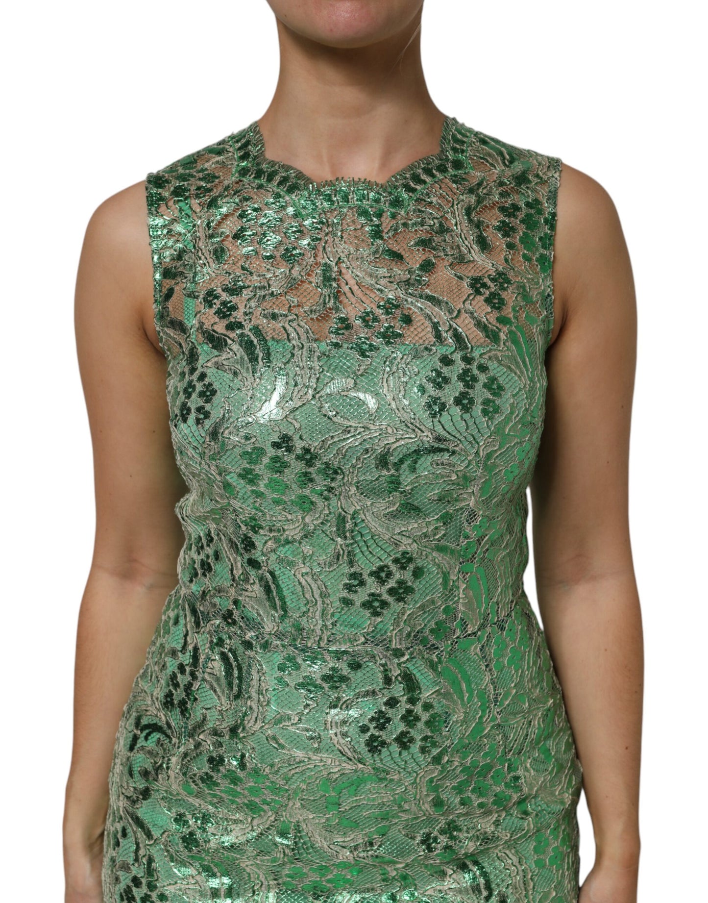 Dolce &amp; Gabbana Green Cotton Floral Lace Sheath Midi Dress