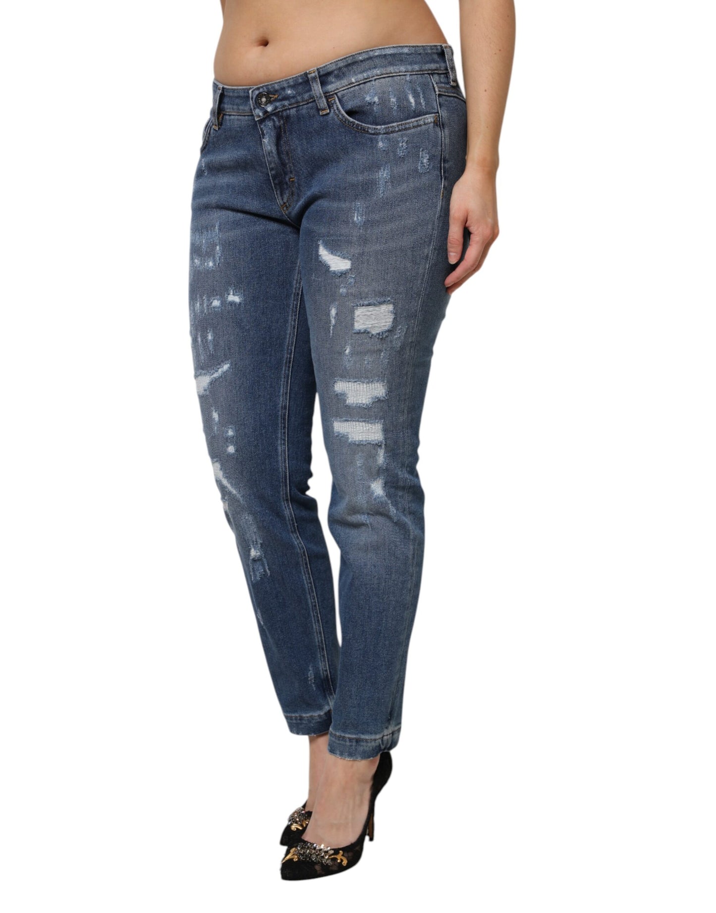 Dolce &amp; Gabbana Blue Tattered Cotton Low Waist Denim Jeans