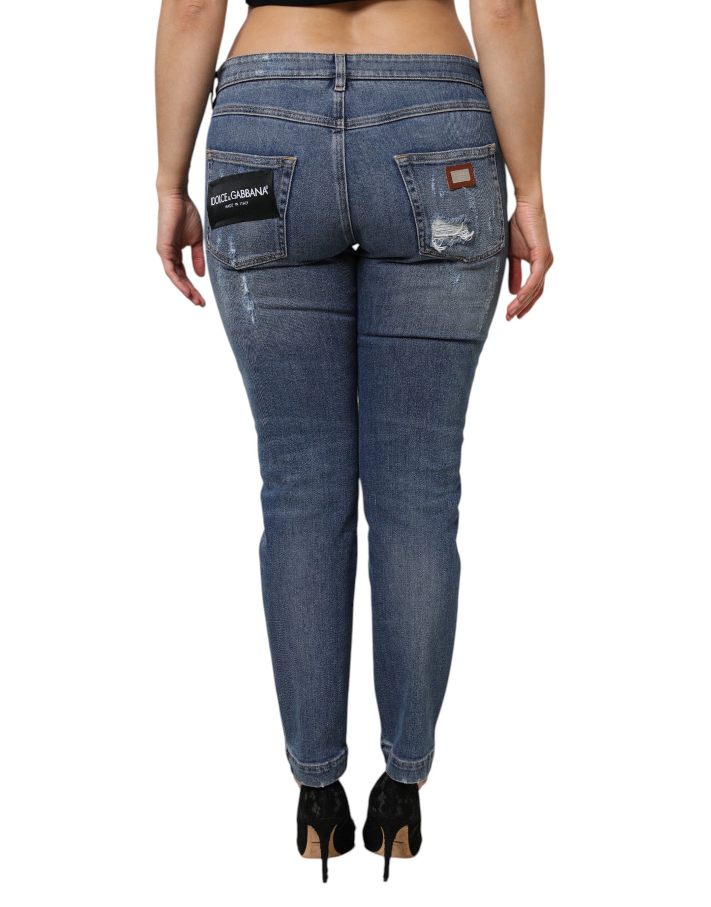 Dolce &amp; Gabbana Blue Tattered Cotton Low Waist Denim Jeans