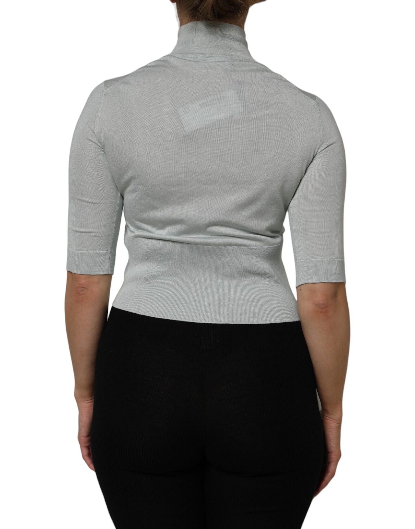 Dolce &amp; Gabbana Light Green Silk Turtleneck 3/4 Sleeves Top