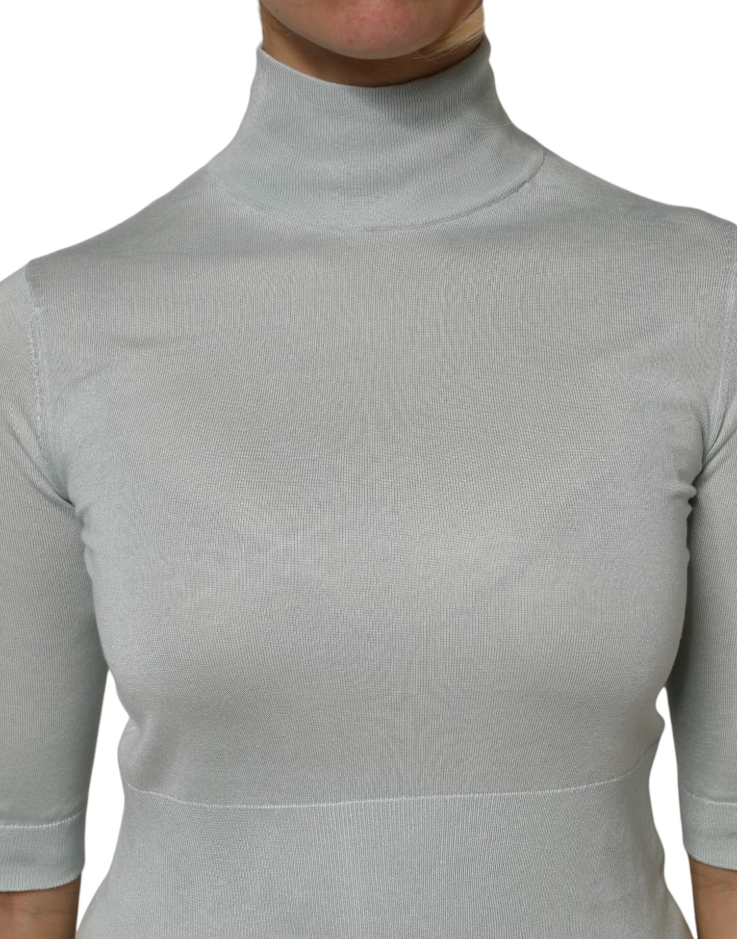 Dolce &amp; Gabbana Light Green Silk Turtleneck 3/4 Sleeves Top