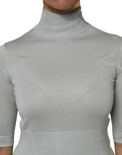 Dolce &amp; Gabbana Light Green Silk Turtleneck 3/4 Sleeves Top