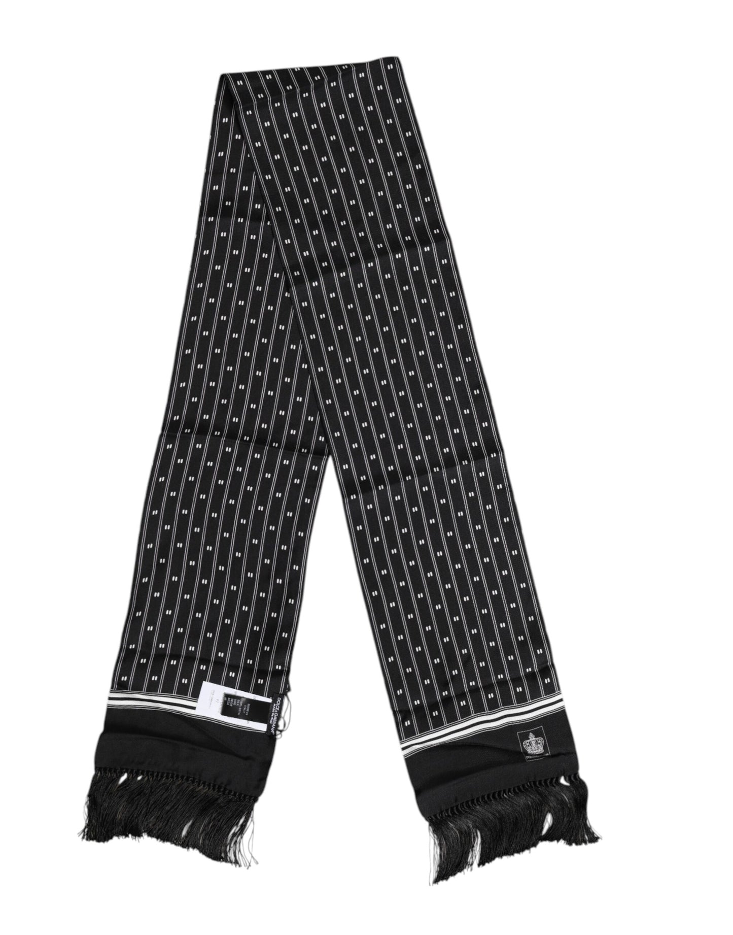 Dolce & Gabbana Black Silk Printed Fringes Men Foulard Scarf