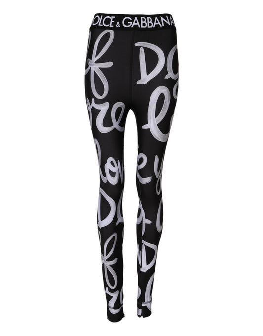Dolce &amp; Gabbana Black Polyester Logo Print Mid Waisted Pants