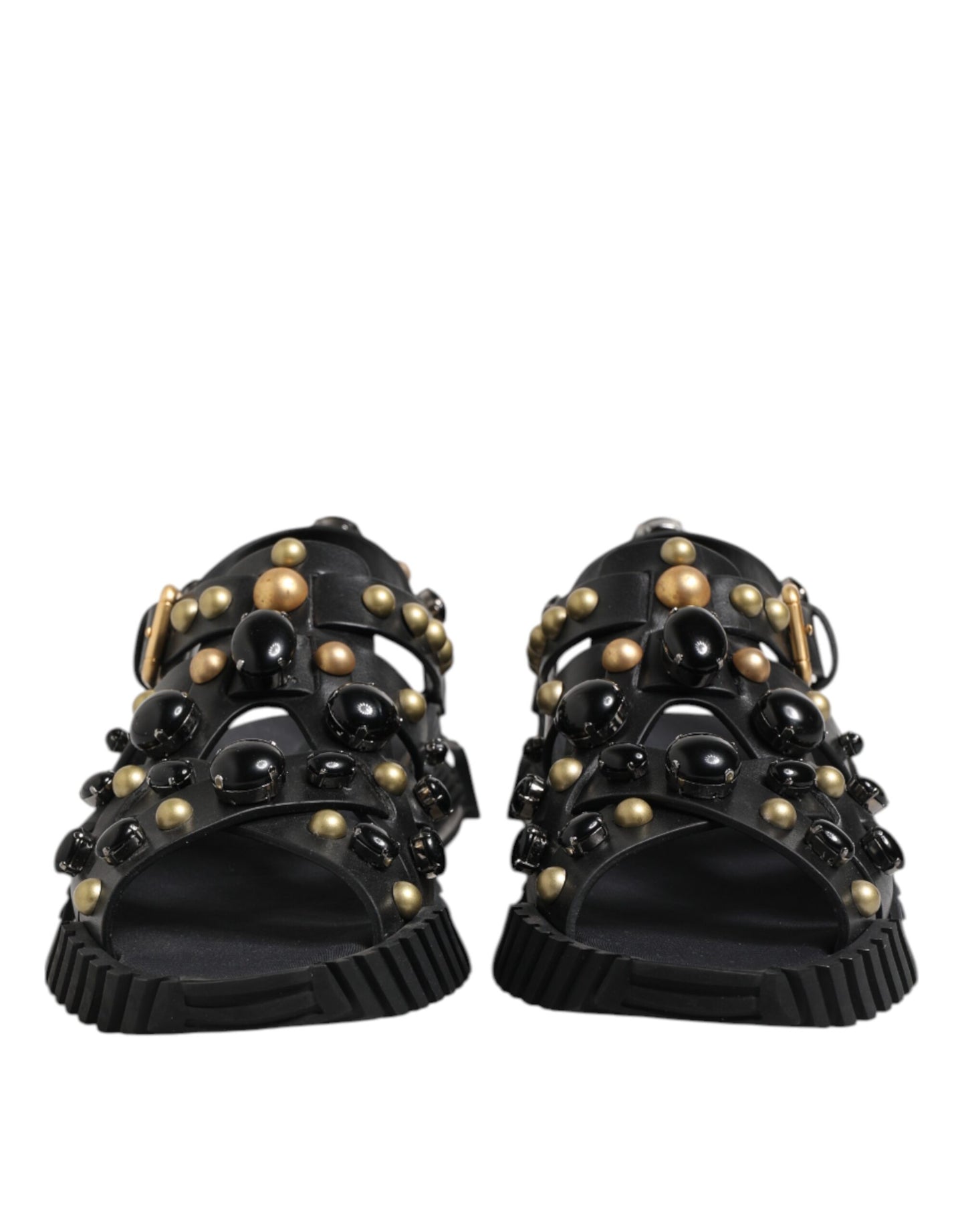 Dolce &amp; Gabbana Black Leather Studded Ankle Strap Sandals Shoes