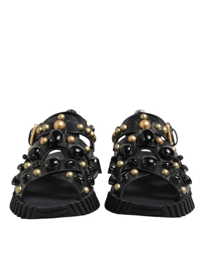 Dolce &amp; Gabbana Black Leather Studded Ankle Strap Sandals Shoes
