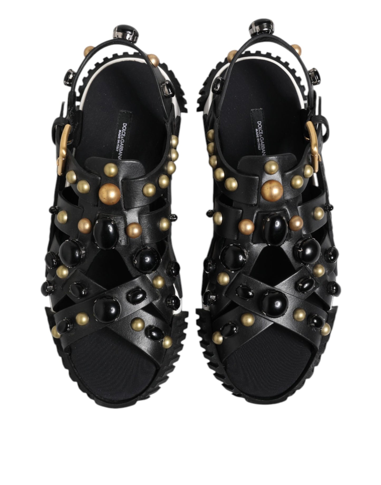 Dolce &amp; Gabbana Black Leather Studded Ankle Strap Sandals Shoes