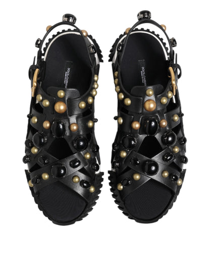 Dolce &amp; Gabbana Black Leather Studded Ankle Strap Sandals Shoes