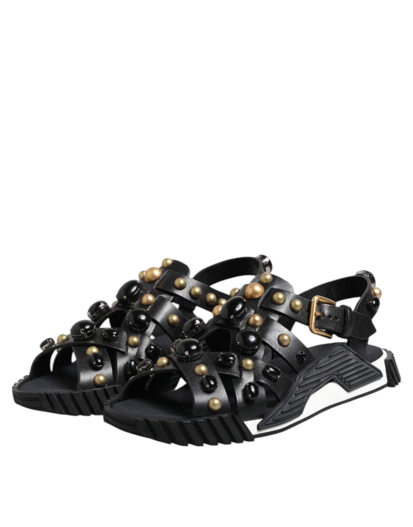 Dolce &amp; Gabbana Black Leather Studded Ankle Strap Sandals Shoes