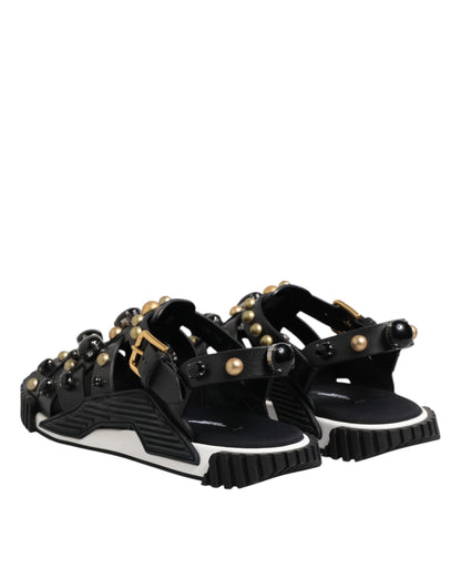 Dolce &amp; Gabbana Black Leather Studded Ankle Strap Sandals Shoes