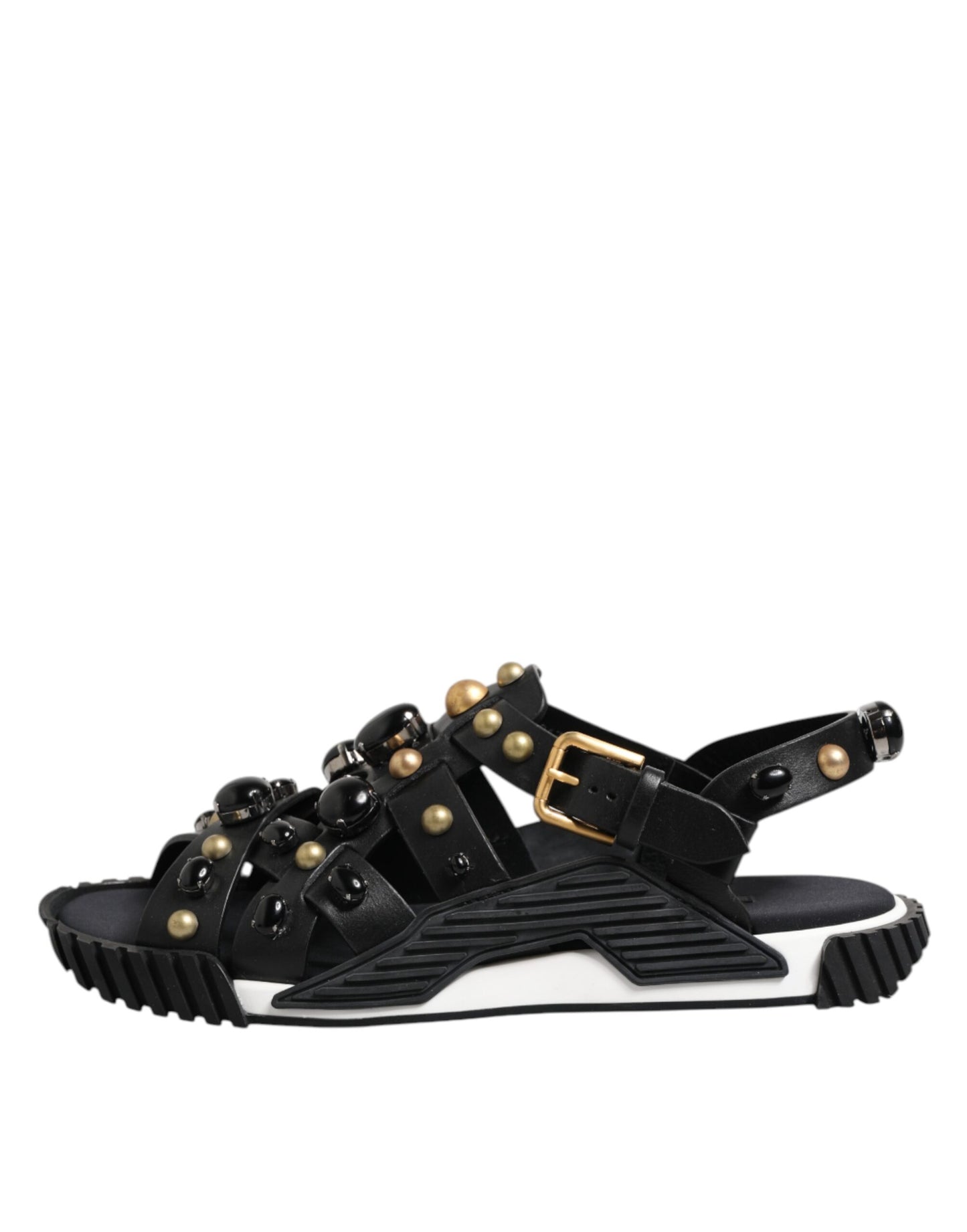 Dolce &amp; Gabbana Black Leather Studded Ankle Strap Sandals Shoes