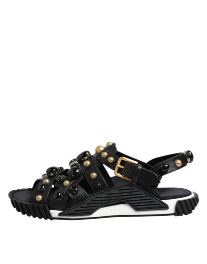 Dolce &amp; Gabbana Black Leather Studded Ankle Strap Sandals Shoes