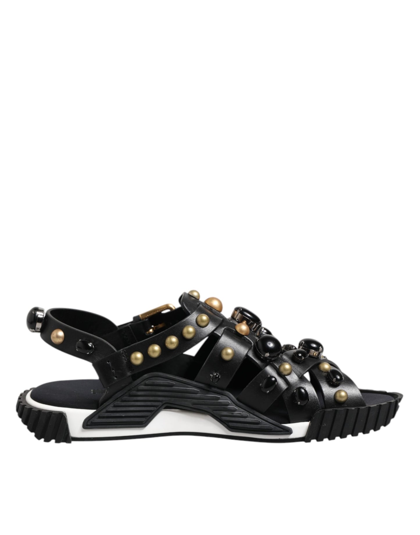 Dolce &amp; Gabbana Black Leather Studded Ankle Strap Sandals Shoes