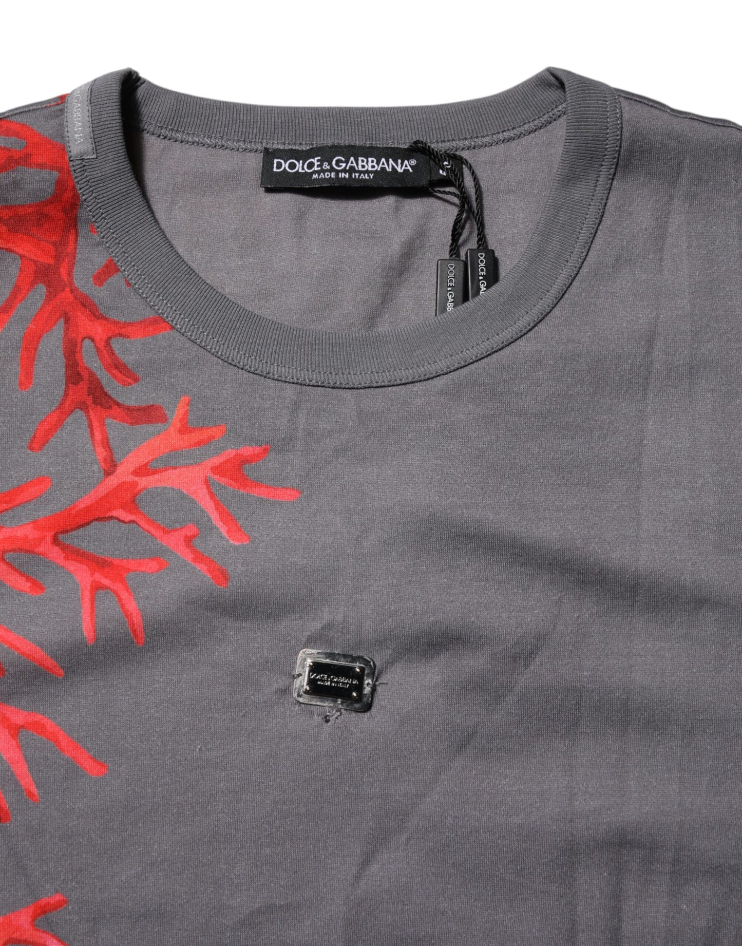 Dolce &amp; Gabbana Gray Cotton Coral Print Logo Plaque T-shirt