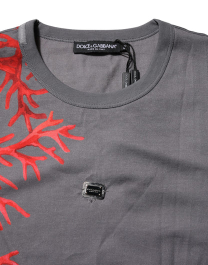 Dolce &amp; Gabbana Gray Cotton Coral Print Logo Plaque T-shirt