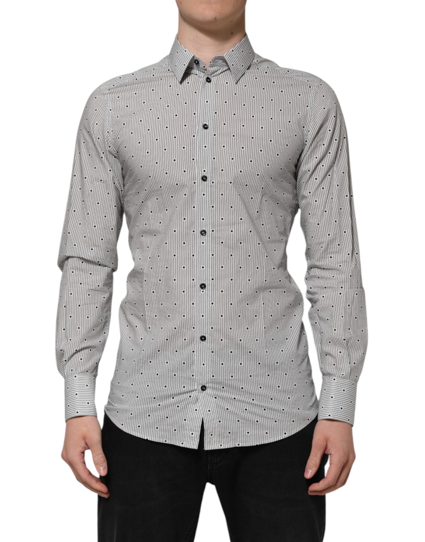 Dolce &amp; Gabbana Gray Dotted Semi Fitted GOLD Men Formal Shirt
