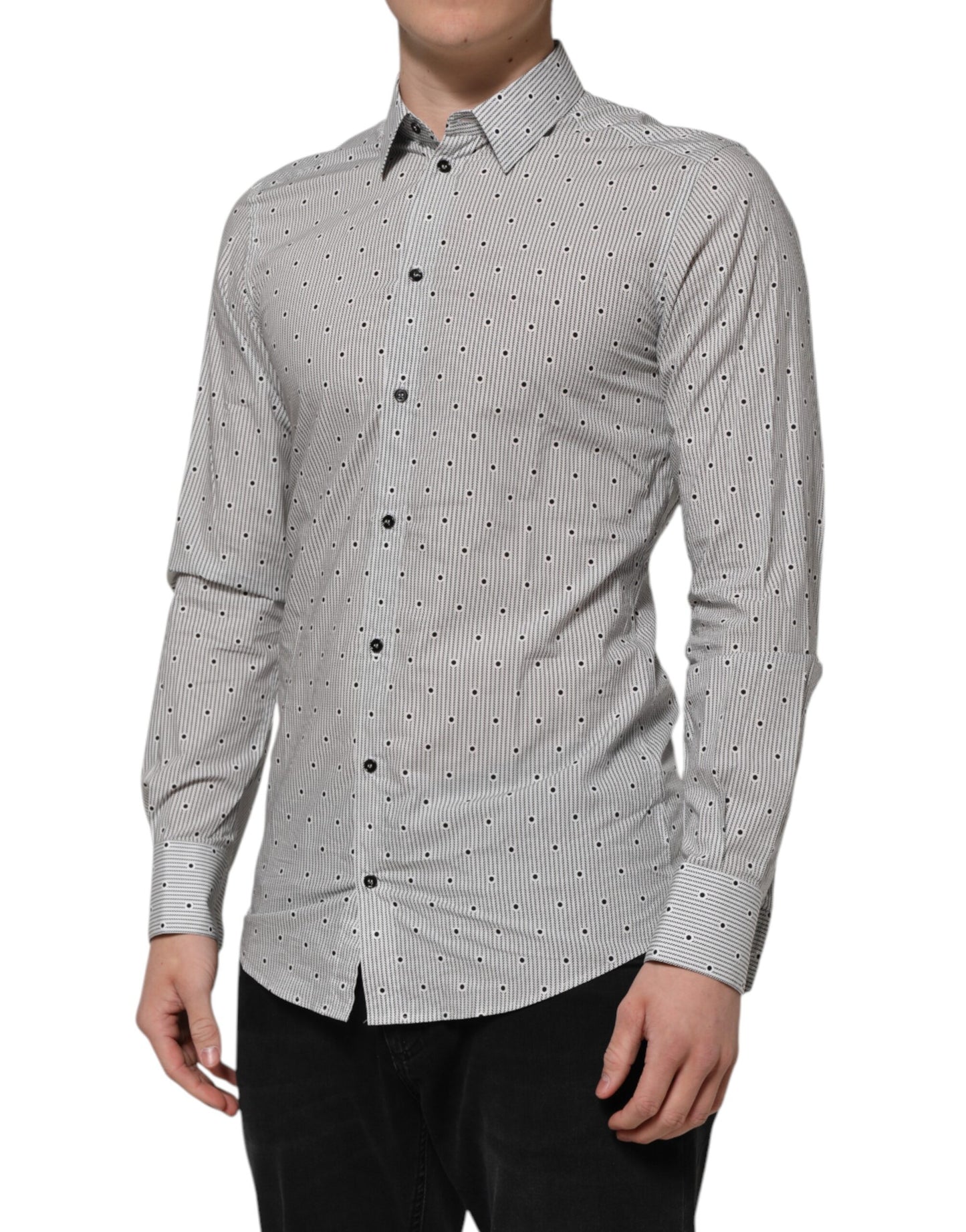 Dolce &amp; Gabbana Gray Dotted Semi Fitted GOLD Men Formal Shirt