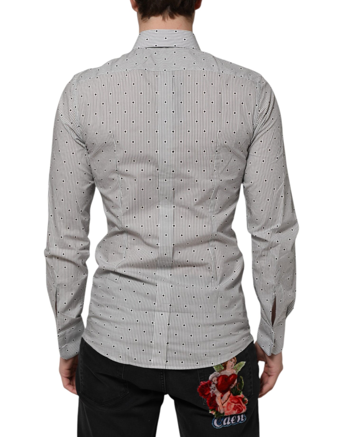 Dolce &amp; Gabbana Gray Dotted Semi Fitted GOLD Men Formal Shirt