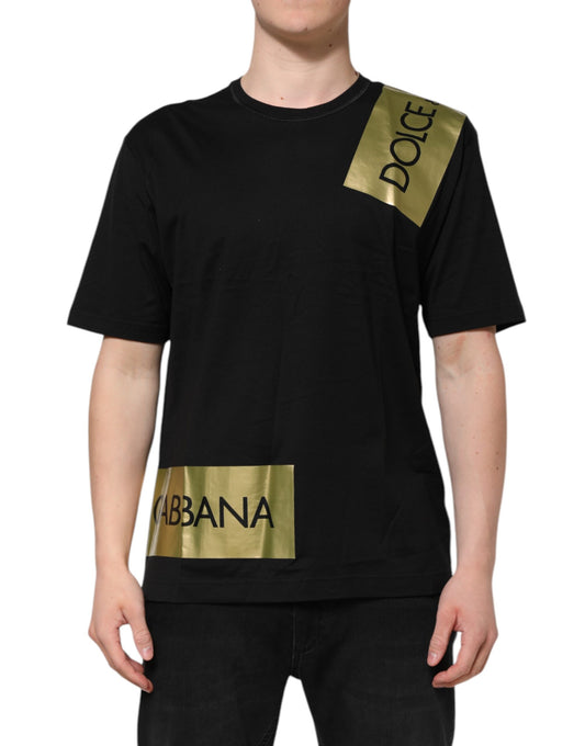 Dolce &amp; Gabbana Black Logo Tape Cotton Men Crew Neck T-shirt