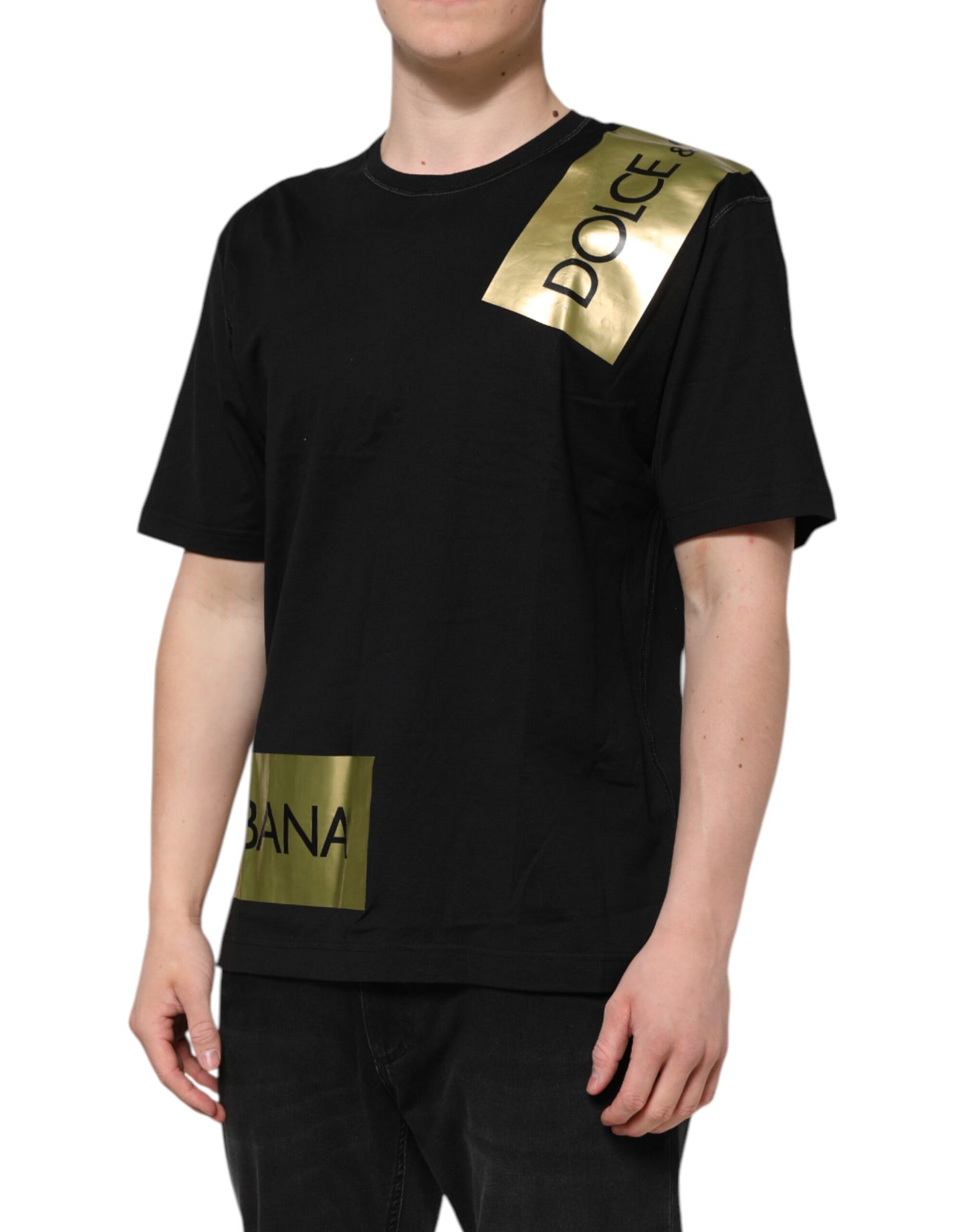 Dolce &amp; Gabbana Black Logo Tape Cotton Men Crew Neck T-shirt