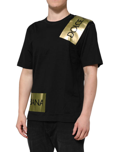 Dolce &amp; Gabbana Black Logo Tape Cotton Men Crew Neck T-shirt