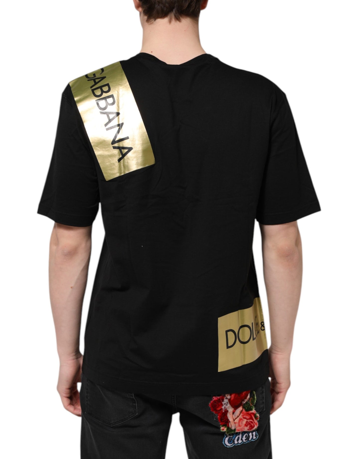 Dolce &amp; Gabbana Black Logo Tape Cotton Men Crew Neck T-shirt