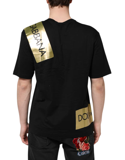Dolce &amp; Gabbana Black Logo Tape Cotton Men Crew Neck T-shirt