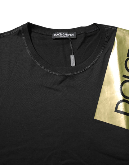 Dolce &amp; Gabbana Black Logo Tape Cotton Men Crew Neck T-shirt