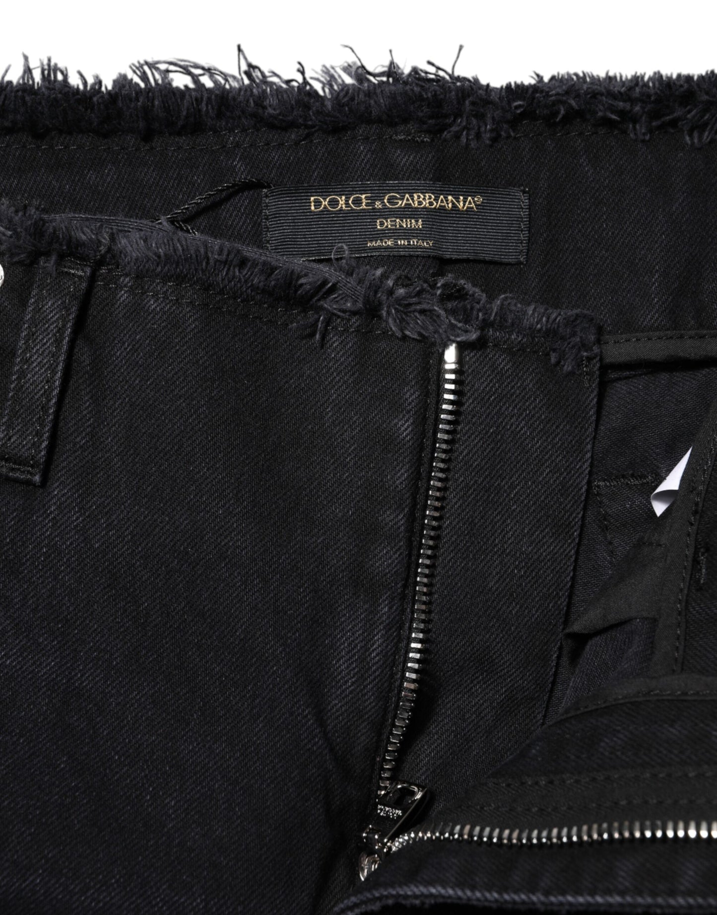 Dolce &amp; Gabbana Black Cotton Tattered Mid Waist Denim Jeans 