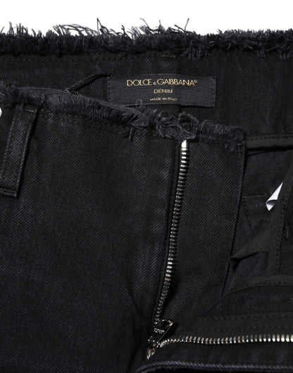 Dolce &amp; Gabbana Black Cotton Tattered Mid Waist Denim Jeans 