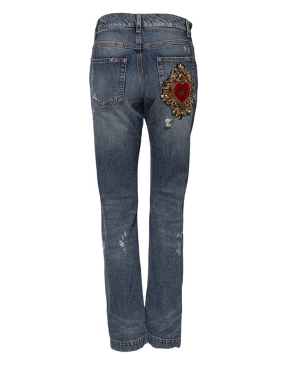 Dolce &amp; Gabbana Blue Cotton Boyfriend Tattered Denim Jeans 