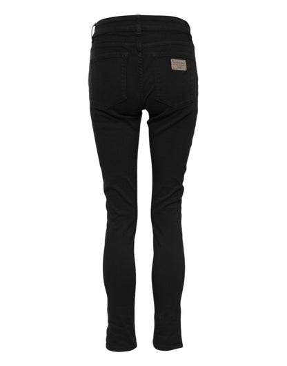 Dolce &amp; Gabbana Black Cotton Logo Skinny Mid Waist Denim Jeans 