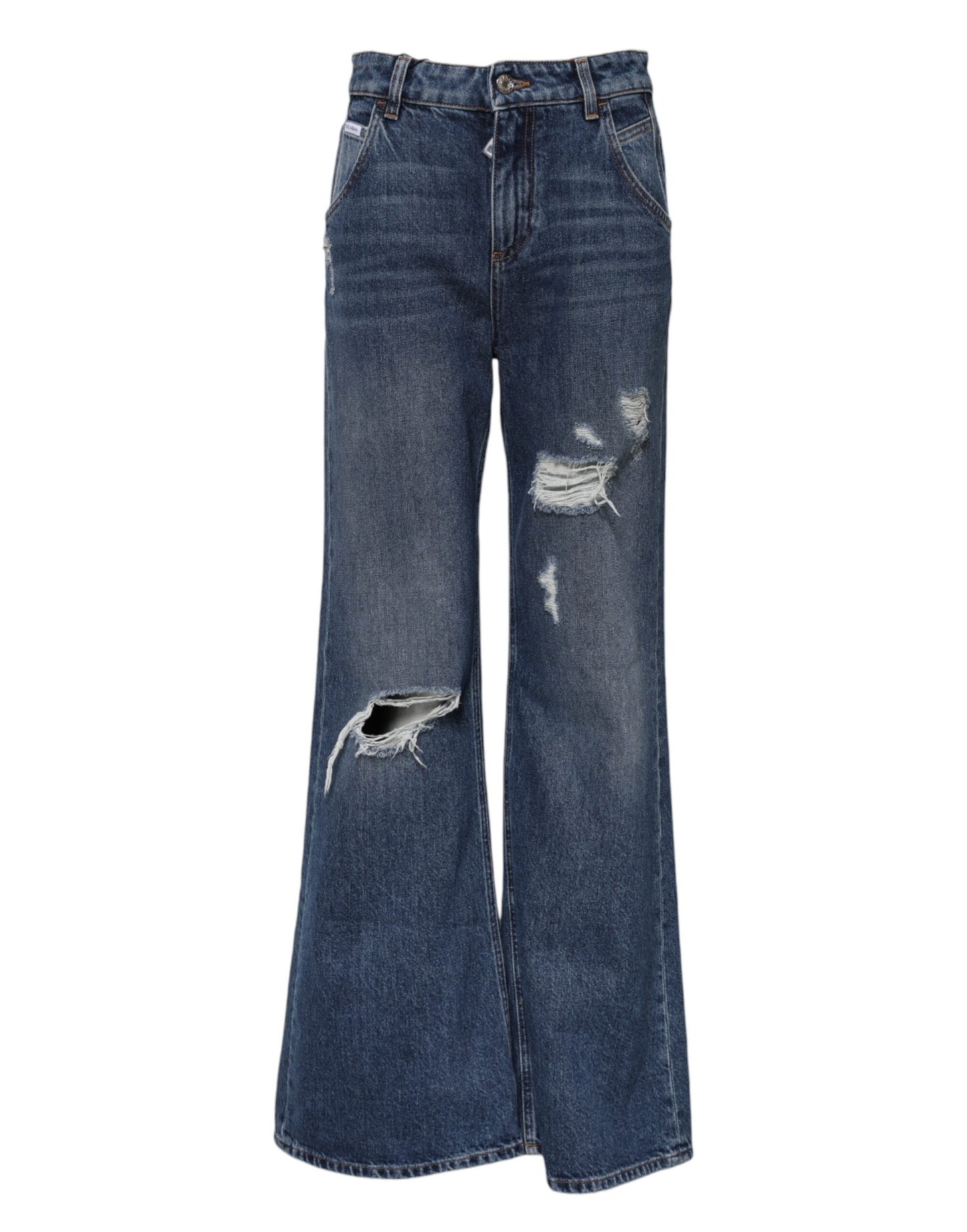 Dolce &amp; Gabbana Blue Cotton Wide Leg Tattered Denim Jeans 