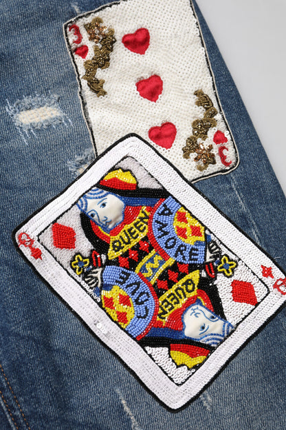 Dolce &amp; Gabbana Blue Play Card Embroidery Skinny Denim Jeans 
