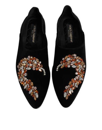 Dolce &amp; Gabbana Black Velvet Embellished Loafer Slip On Shoes