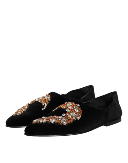Dolce &amp; Gabbana Black Velvet Embellished Loafer Slip On Shoes